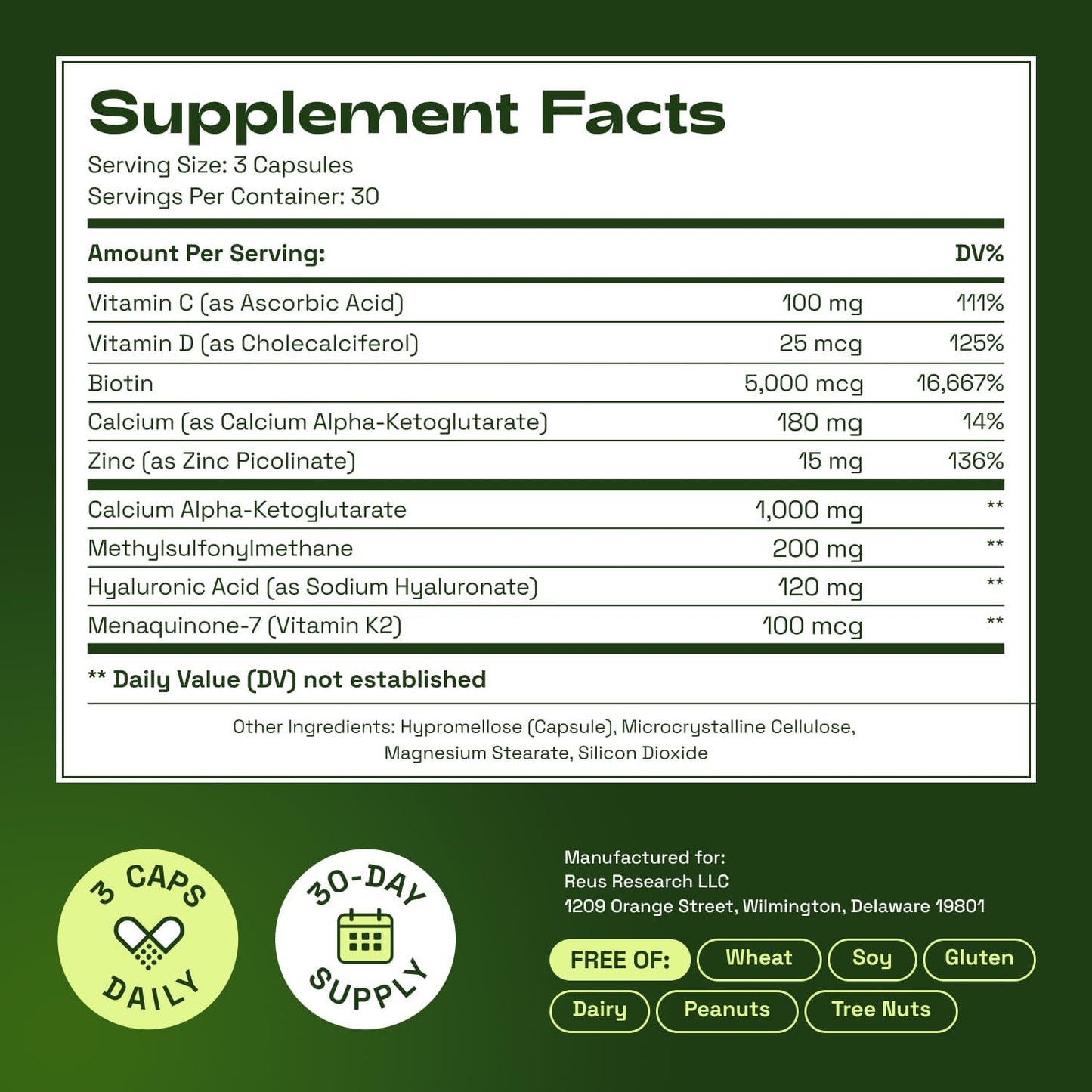 Cata-Kor Hair Skin and Nails Vitamins for Women – Biotin Hair Supplement | Hyaluronic Acid | Calcium AKG | MSM | Vitamin D3 K2 & C – Hair Growth Vitamins – 30 Day Supply (1 Pack)
