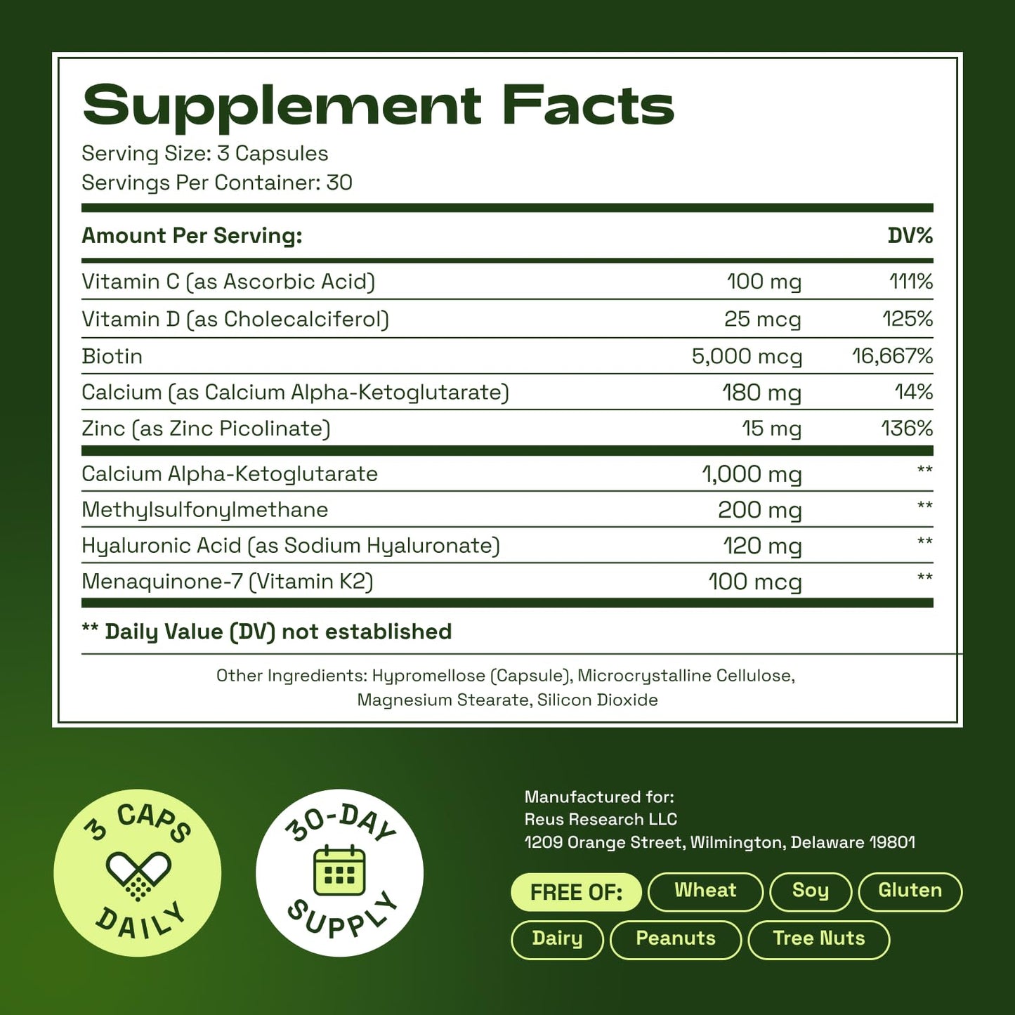 Cata-Kor Hair Skin and Nails Vitamins for Women – Biotin Hair Supplement | Hyaluronic Acid | Calcium AKG | MSM | Vitamin D3 K2 & C – Hair Growth Vitamins – 30 Day Supply (1 Pack)