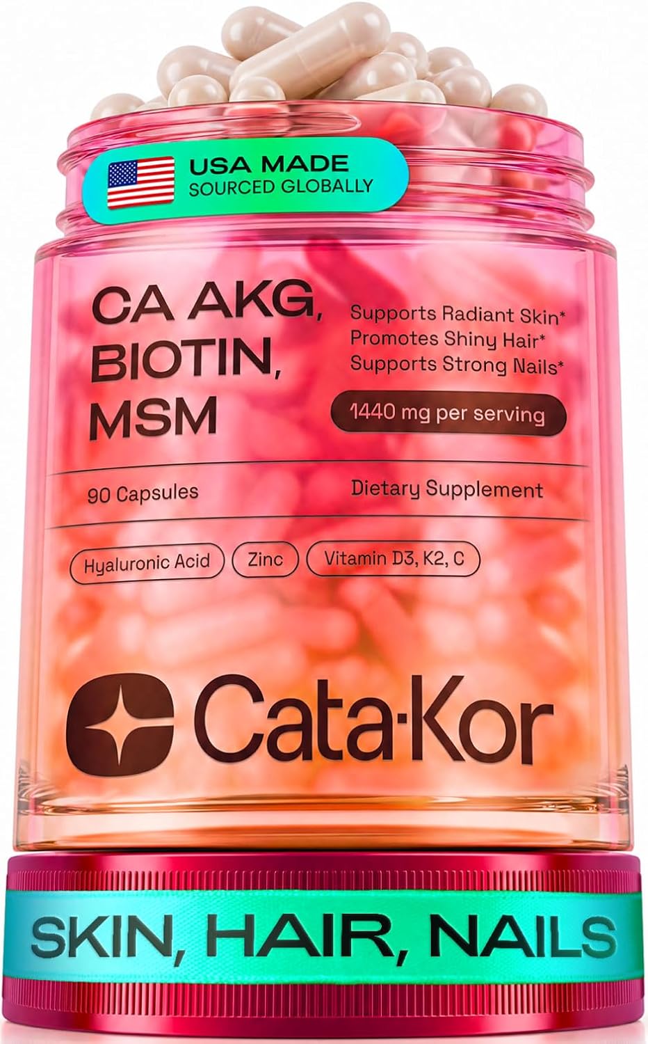 Cata-Kor Hair Skin and Nails Vitamins for Women – Biotin Hair Supplement | Hyaluronic Acid | Calcium AKG | MSM | Vitamin D3 K2 & C – Hair Growth Vitamins – 30 Day Supply (1 Pack)