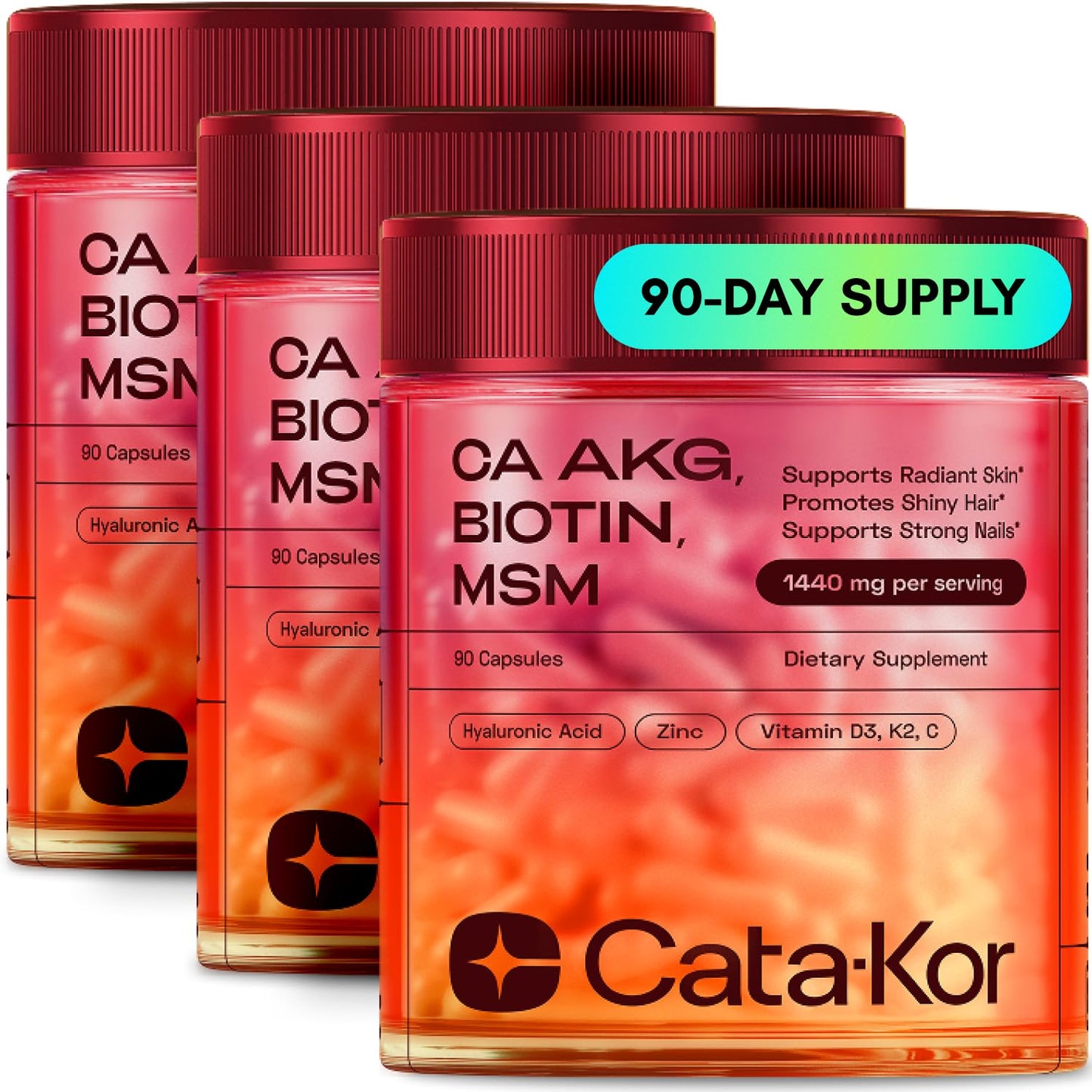 Cata-Kor Hair Skin and Nails Vitamins for Women – Biotin Hair Supplement | Hyaluronic Acid | Calcium AKG | MSM | Vitamin D3 K2 & C – Hair Growth Vitamins – 30 Day Supply (1 Pack)